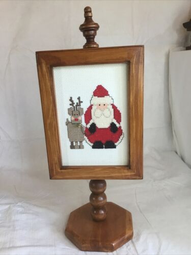 Vintage Plastic Canvas Santa Claus reindeer Decor Needlepoint Christmas complete