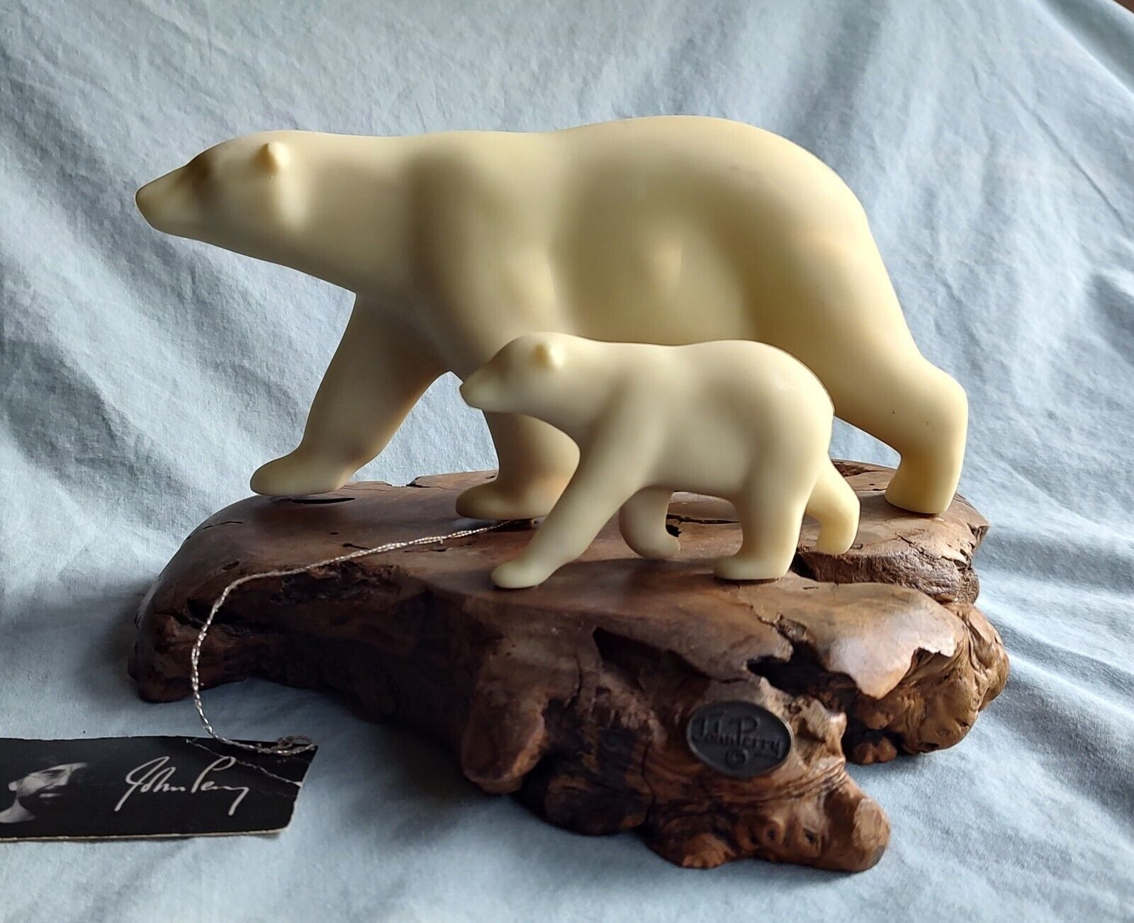 Polar Bear Walking With Baby Cub On Burl Wood Base Sculpture By John Perry