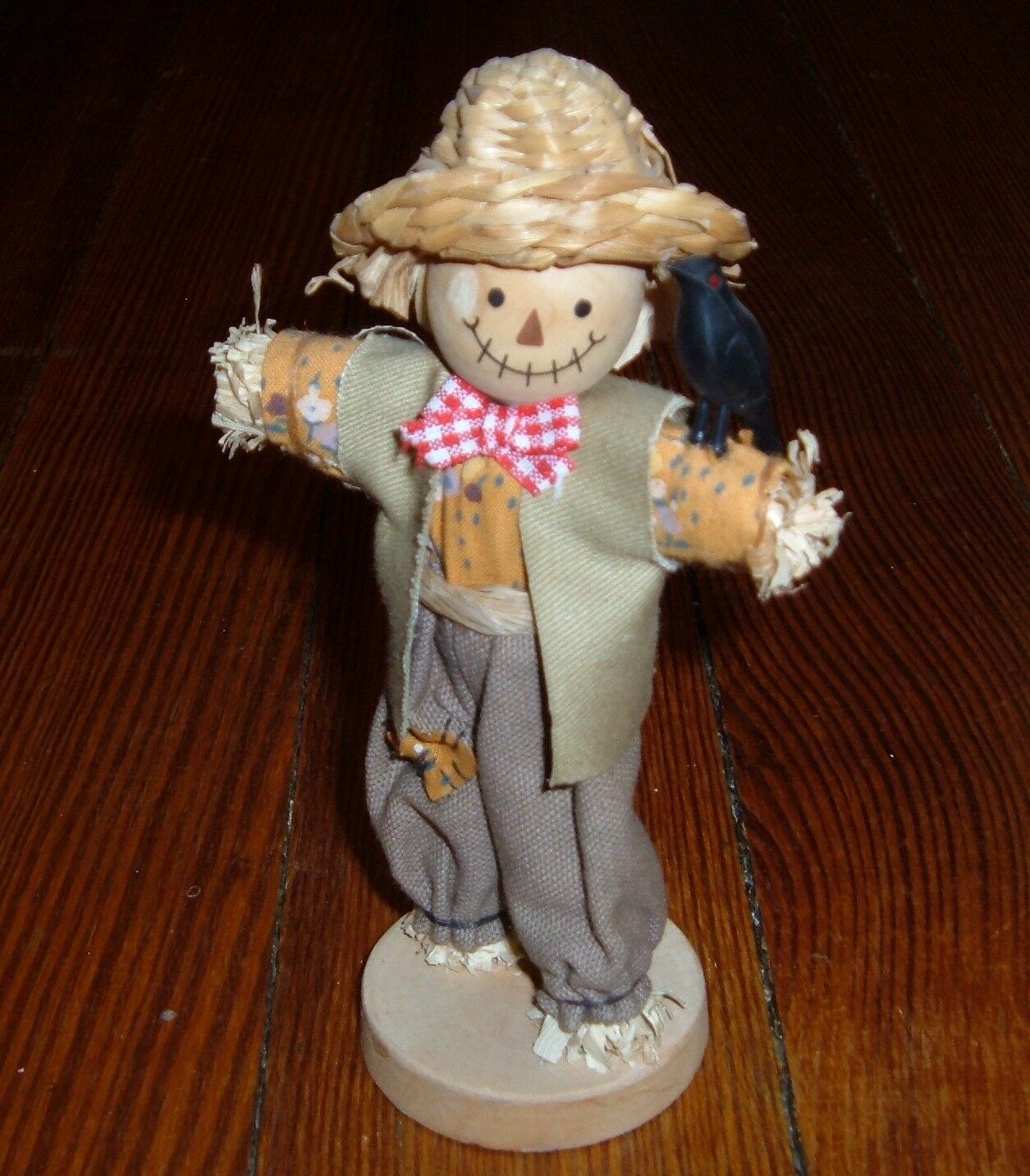 Wooden Scarecrow & Bird Straw Man On Stand 6.5" Figurine Halloween/fall Harvest
