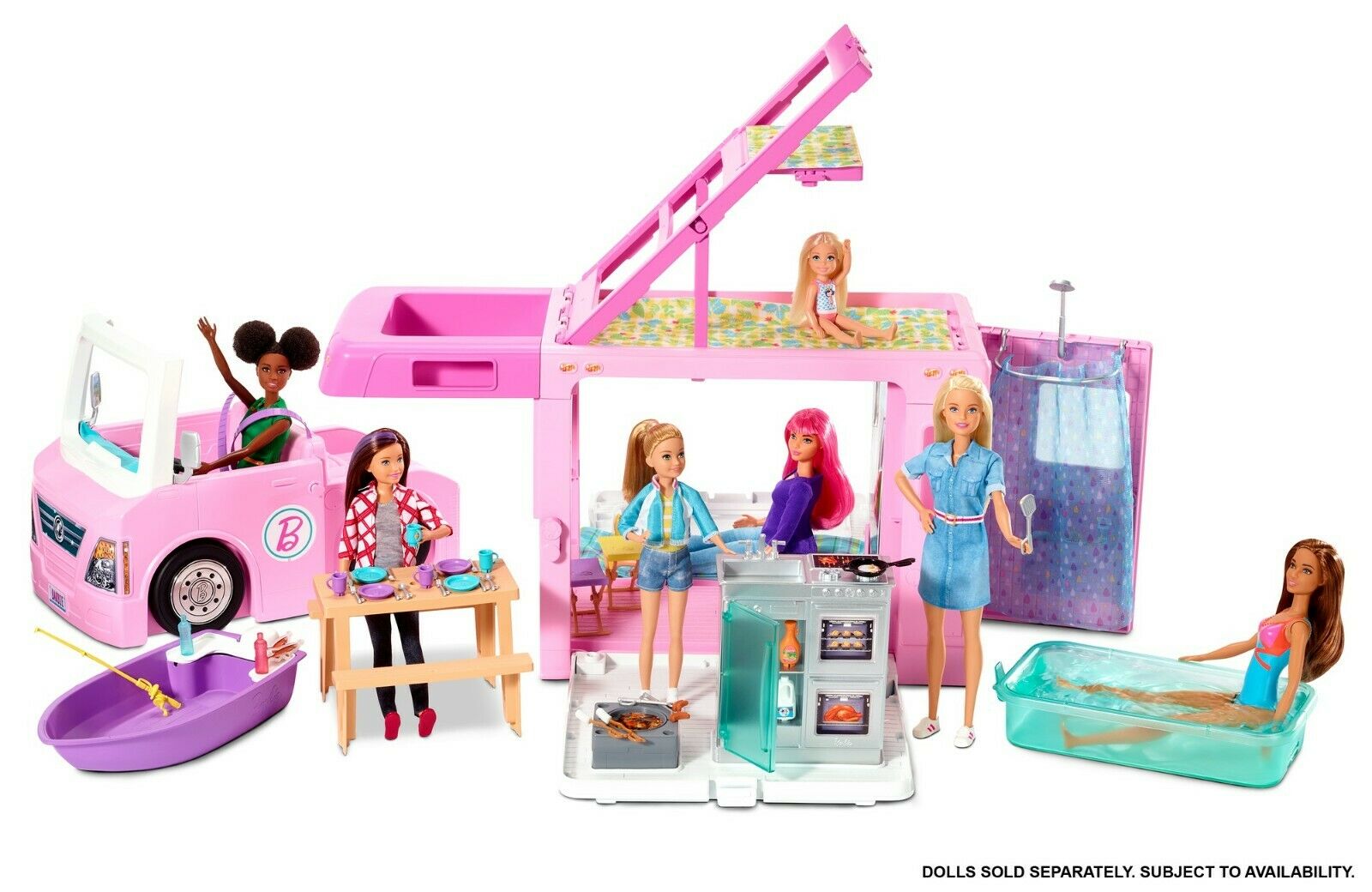 *NEW Barbie Estate 3In1 Dreamcamper Vehicle With Pool, Truck,Boat,50 Accessories