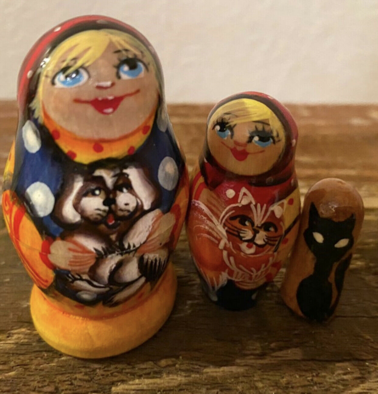 Russian Nesting Dolls Girl With Dog And Cat! 3 Pieces
