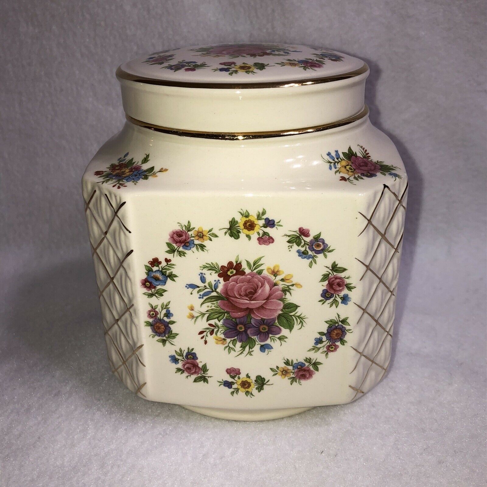Vtg Sadler England Ceramic Ginger Jar Tea Caddy w Lid Pink Roses Gold Trim