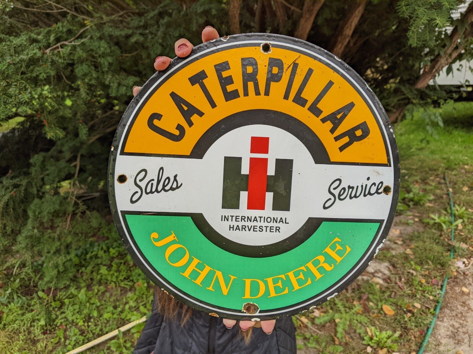 Vintage Caterpillar John Deere Porcelain Enamel Metal Sign Farm Tractor Farming