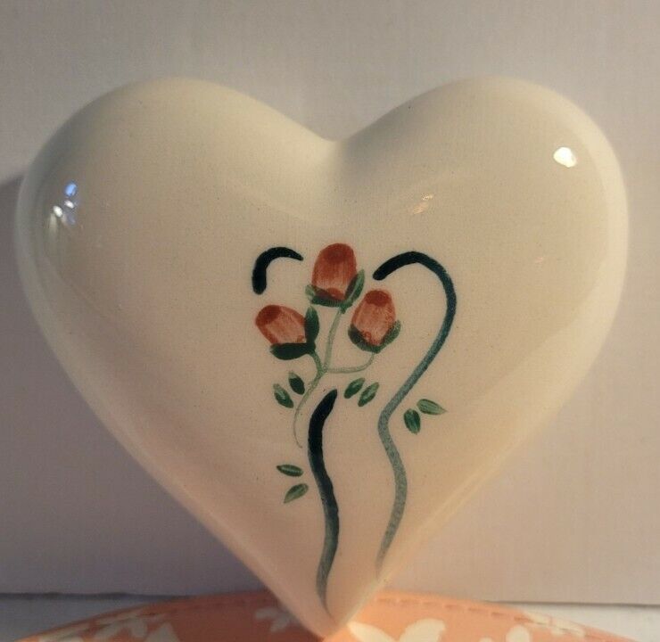 signed and hand painted ceramic heart with roses hanging ornament 3 1/2
