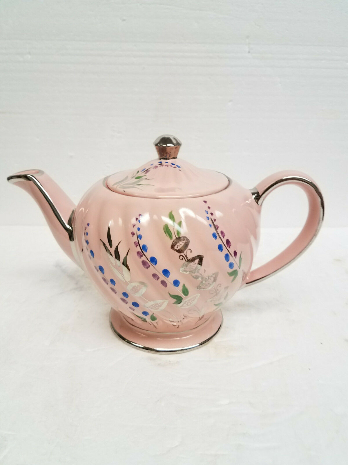 Vintage Pink Sadler round, swirl panel,silver trim with flowers teapot