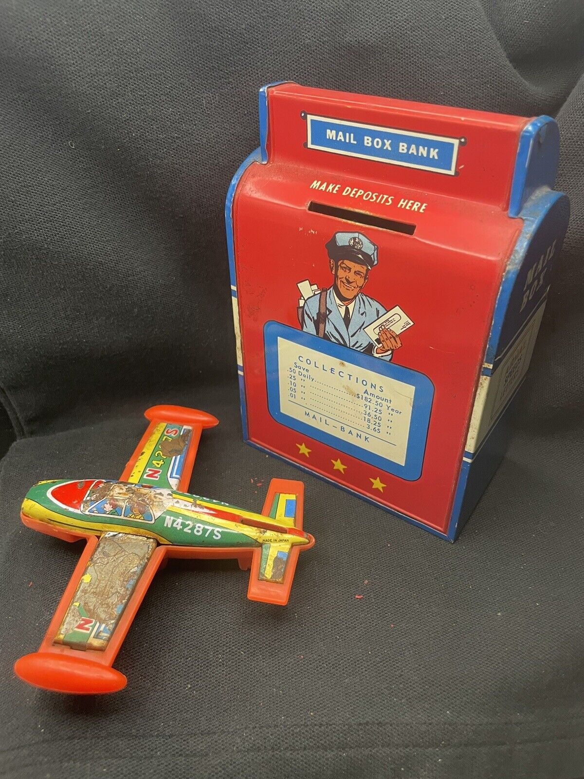 Lot Of 2 Vintage Toys Ohio Art Tin Mail Box & Japanese Shinwa Plastic/tin Plane