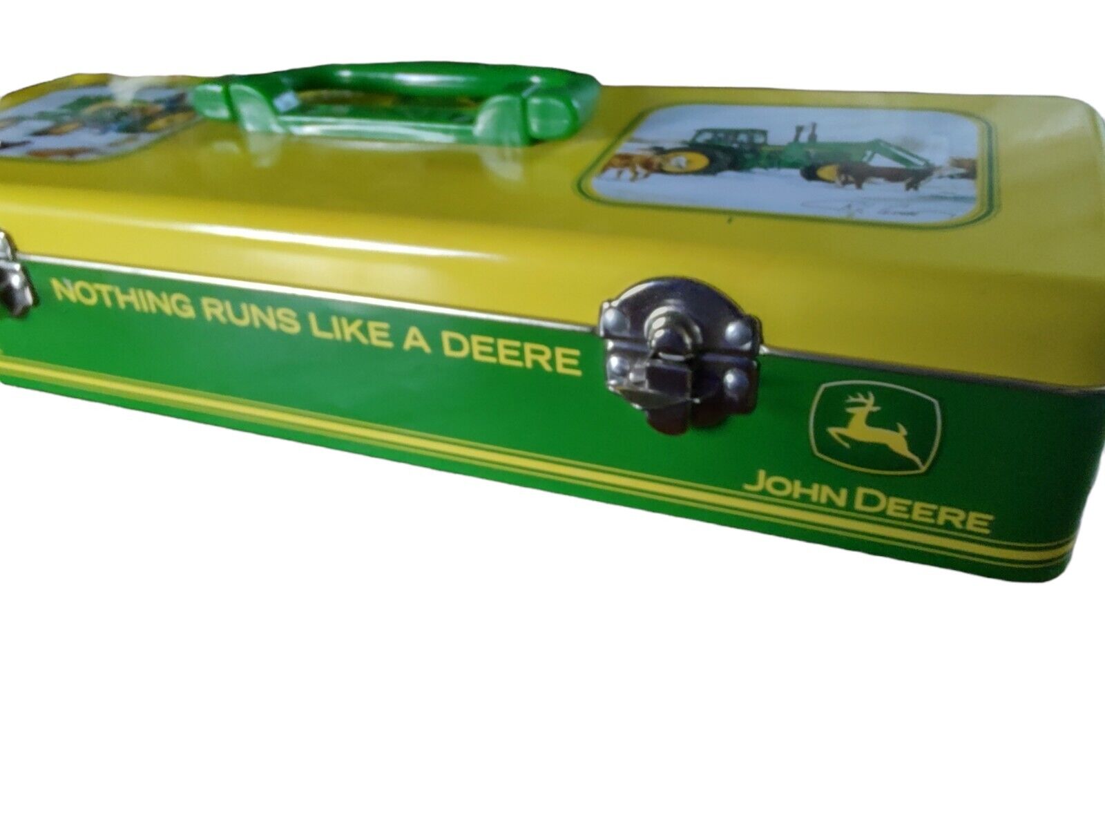 John Deere Tin Box 11.5x4 inch Nothing Runs Like A Deere Tractor Yellow Green