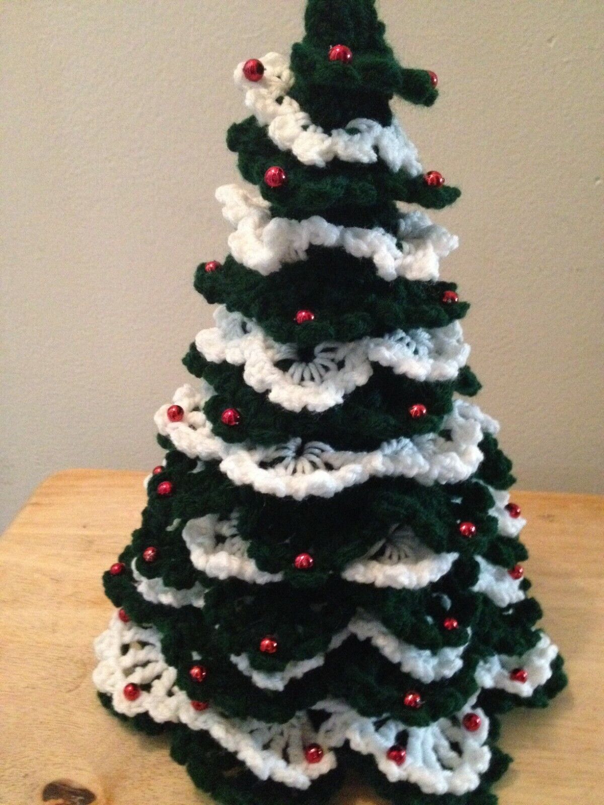 Crochet Christmas Tree, Green & White with Red Decorations