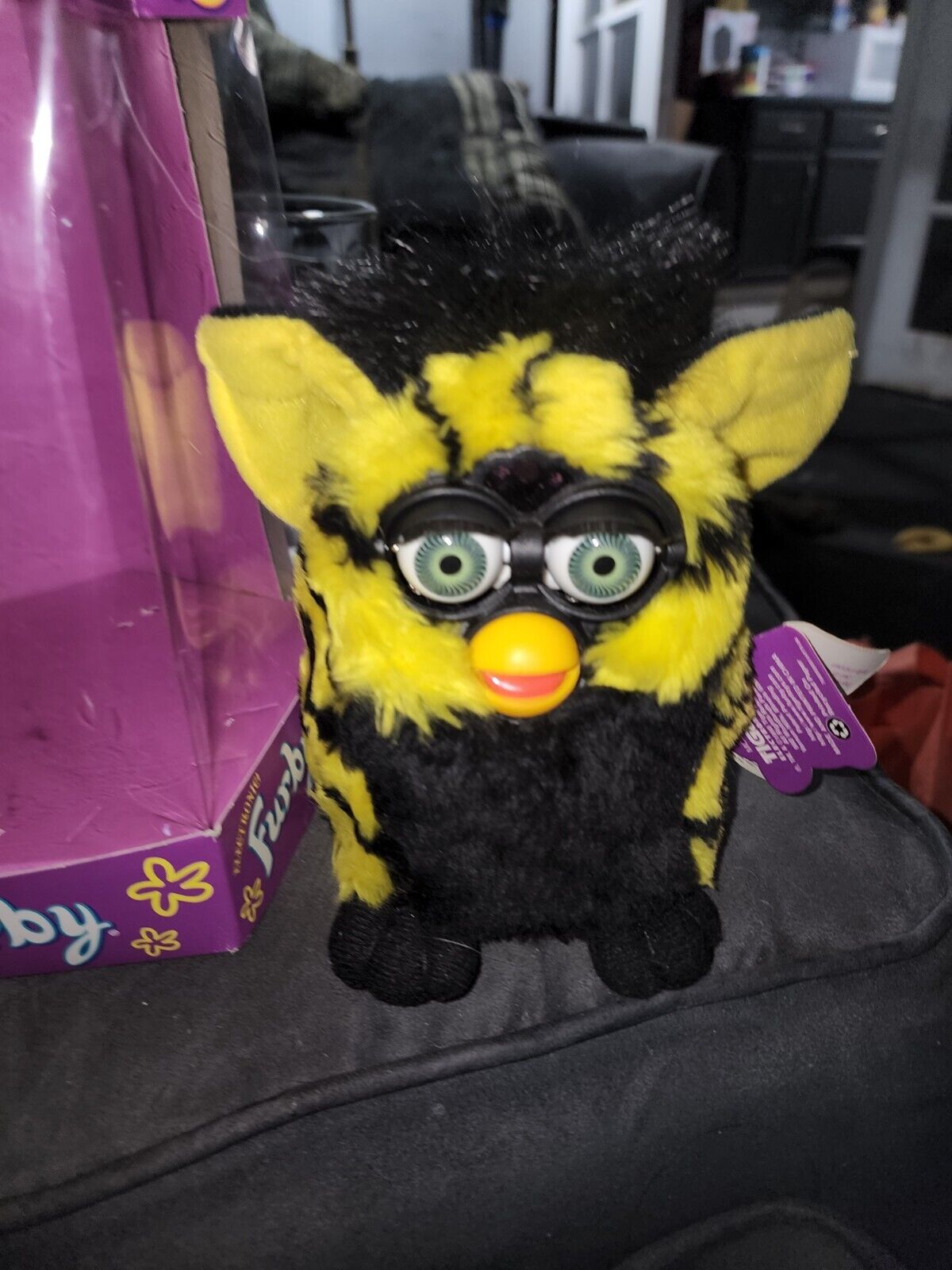Vintage 1998 Bumble Bee Furby Yellow Black Stripes Tested QUIET VOICE Green Eyes