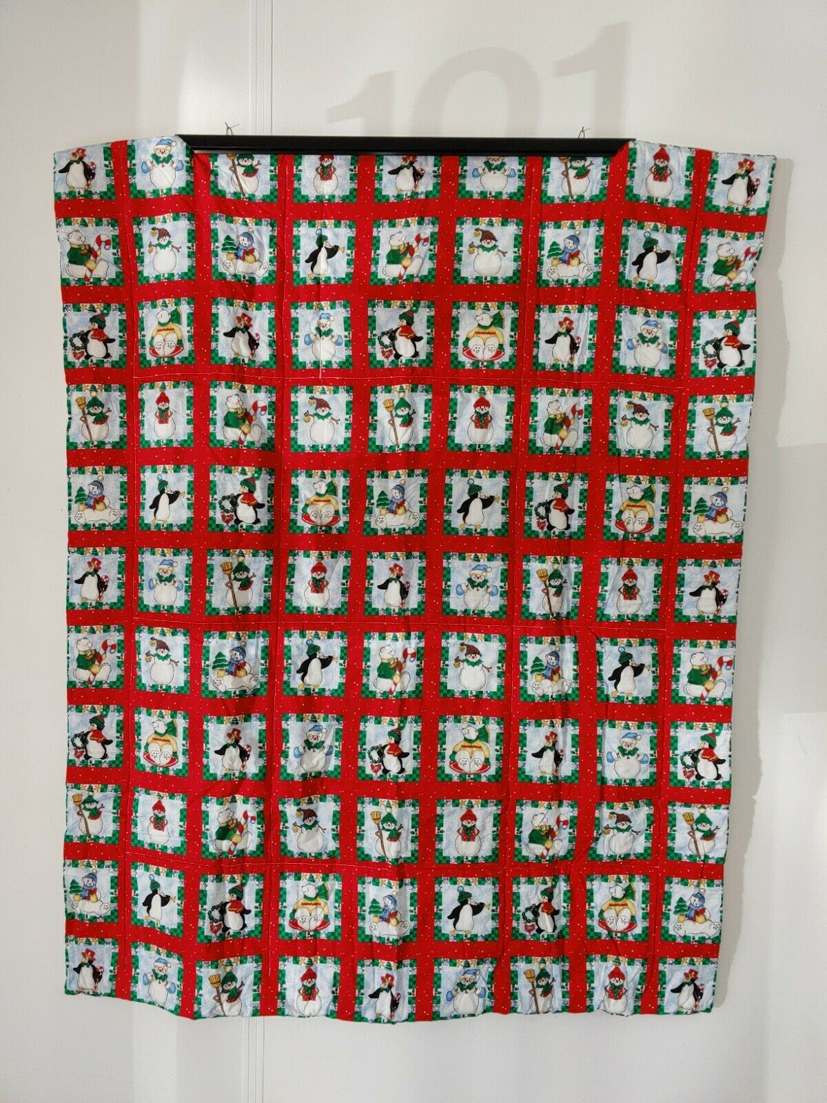 Handmade Christmas Quilt Lap Blanket Cotton Throw Folds To Pillow Euc