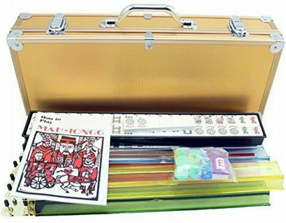 American Mahjong Full 166 Set Mah Jong Tiles Pushers Gold Metal Case w/Cloth
