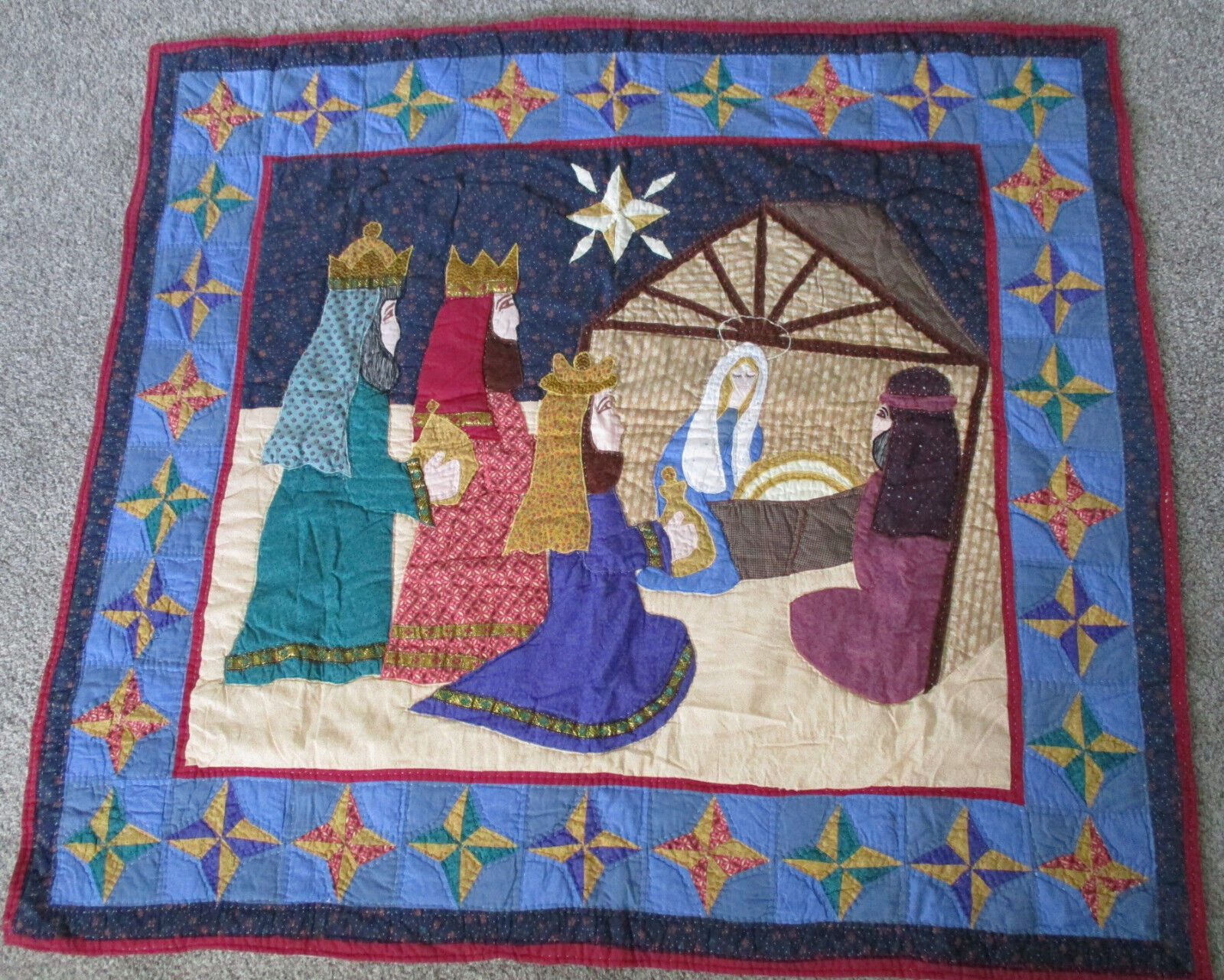 Handmade Large Christmas Nativity Appliqué Quilt Wall Hanging 54" X 49" Beauty!