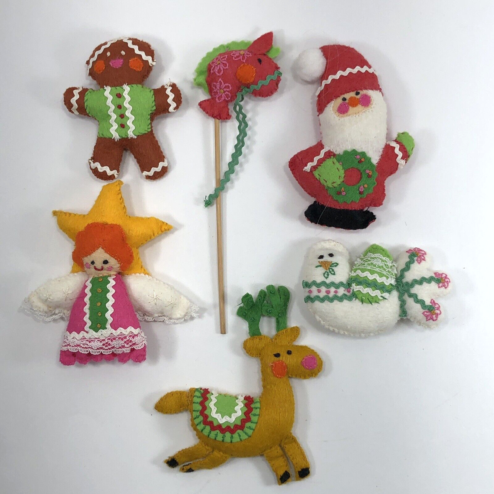 Handmade Felt Christmas Ornament With Rick Rack Lace Embroidery Set Of 6