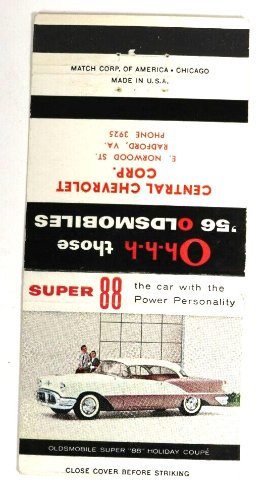 1956 Central Chevrolet Corp Super 88 Oldsmobile Radford Va  Match Book