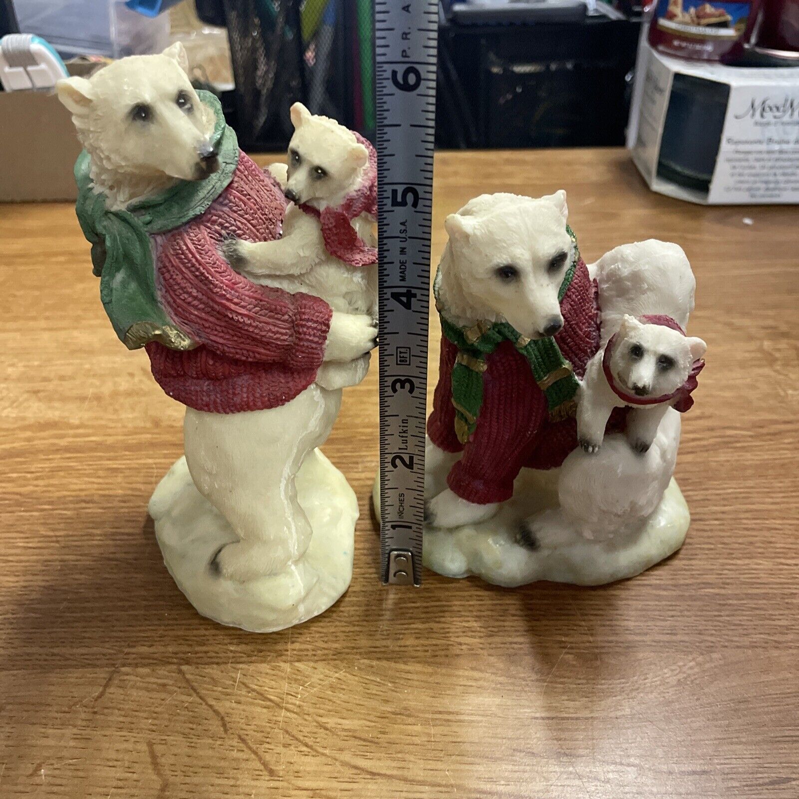Polar Bears Figurine Resin Mama & Baby Cub w/ Sweater & Scarves Vintage Lot of 2