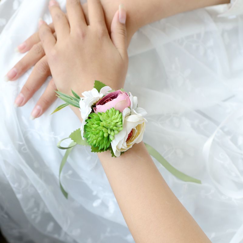 Silk Ribbon Succulent Brooch Bride Wrist Flower Wedding Groom Corsage